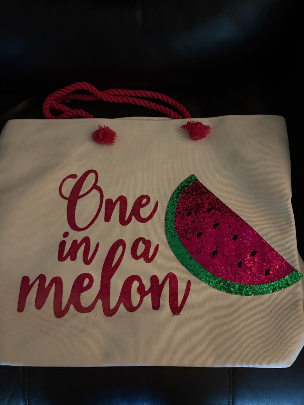 Source Unknown White Tote with Pink & Green Glitter Watermelon